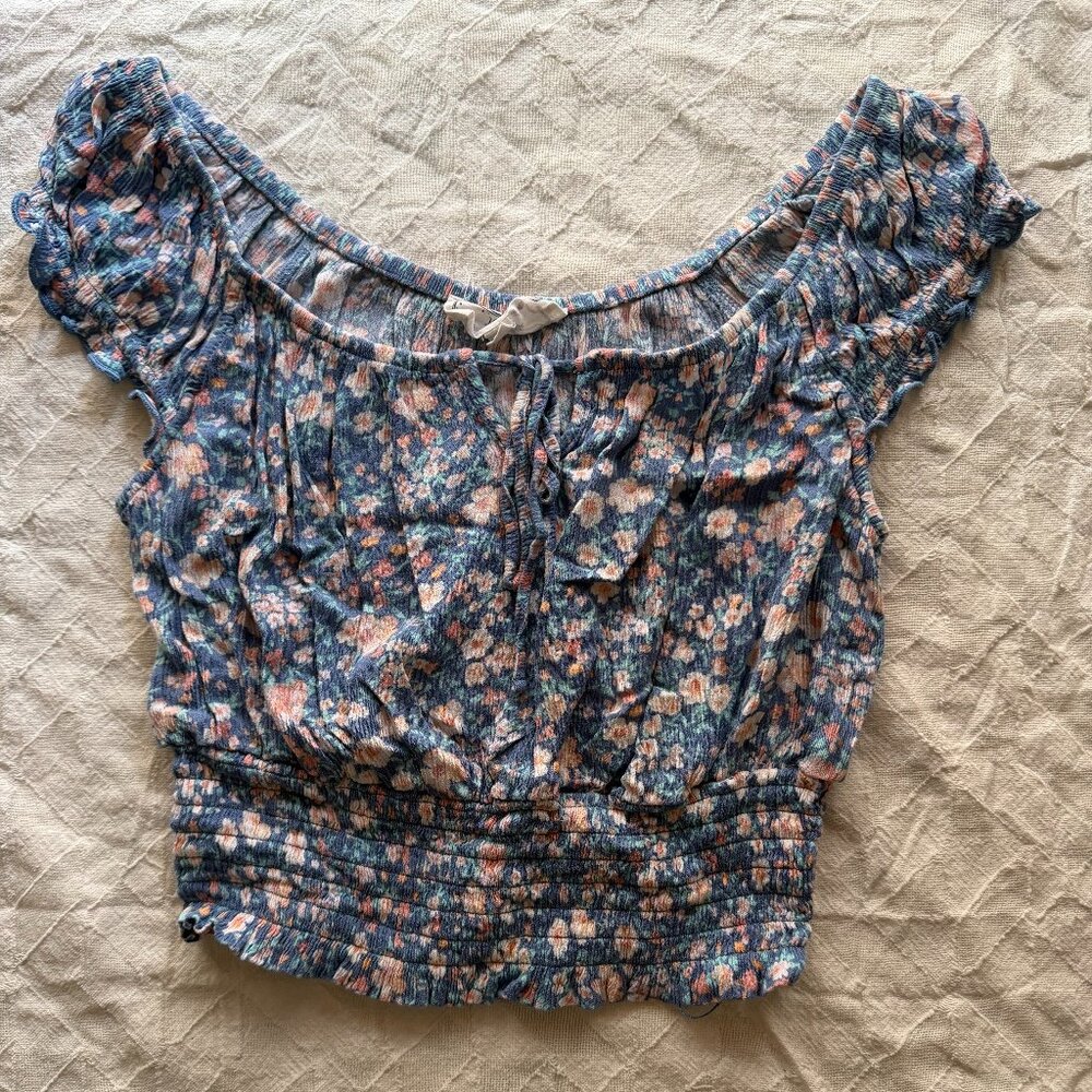 Hippie Rose Ditsy Floral Smocked Crop Top - Blue & Peach Boho